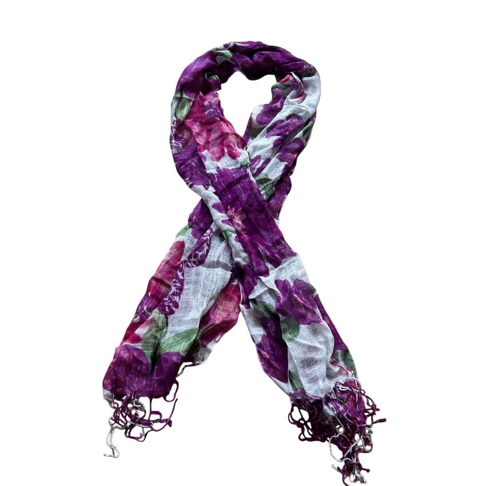 Purple Floral 100% Linen Size 70" x 20" Grandmacore Fringed Shawl Wrap Scarf